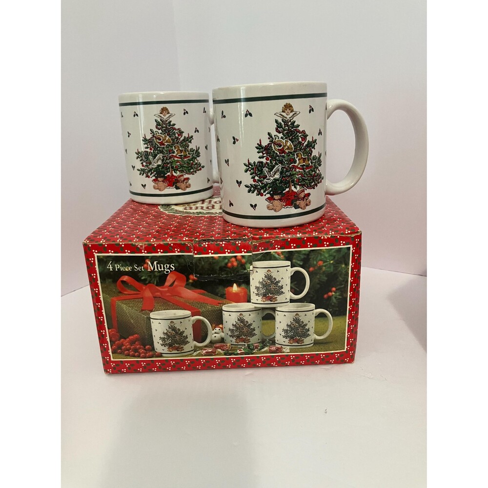Vintage Christmas Tree Mugs Set | 4 Ceramic Coffee Cups, Original Box